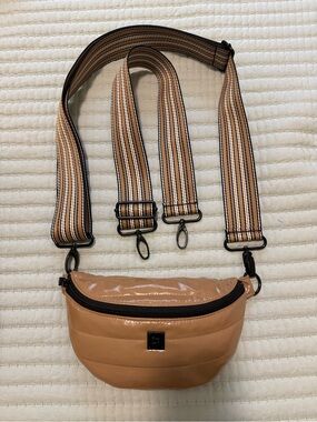 THINK ROYLN Tan Quilted Crossbody Bag with Striped Adjustable Strap